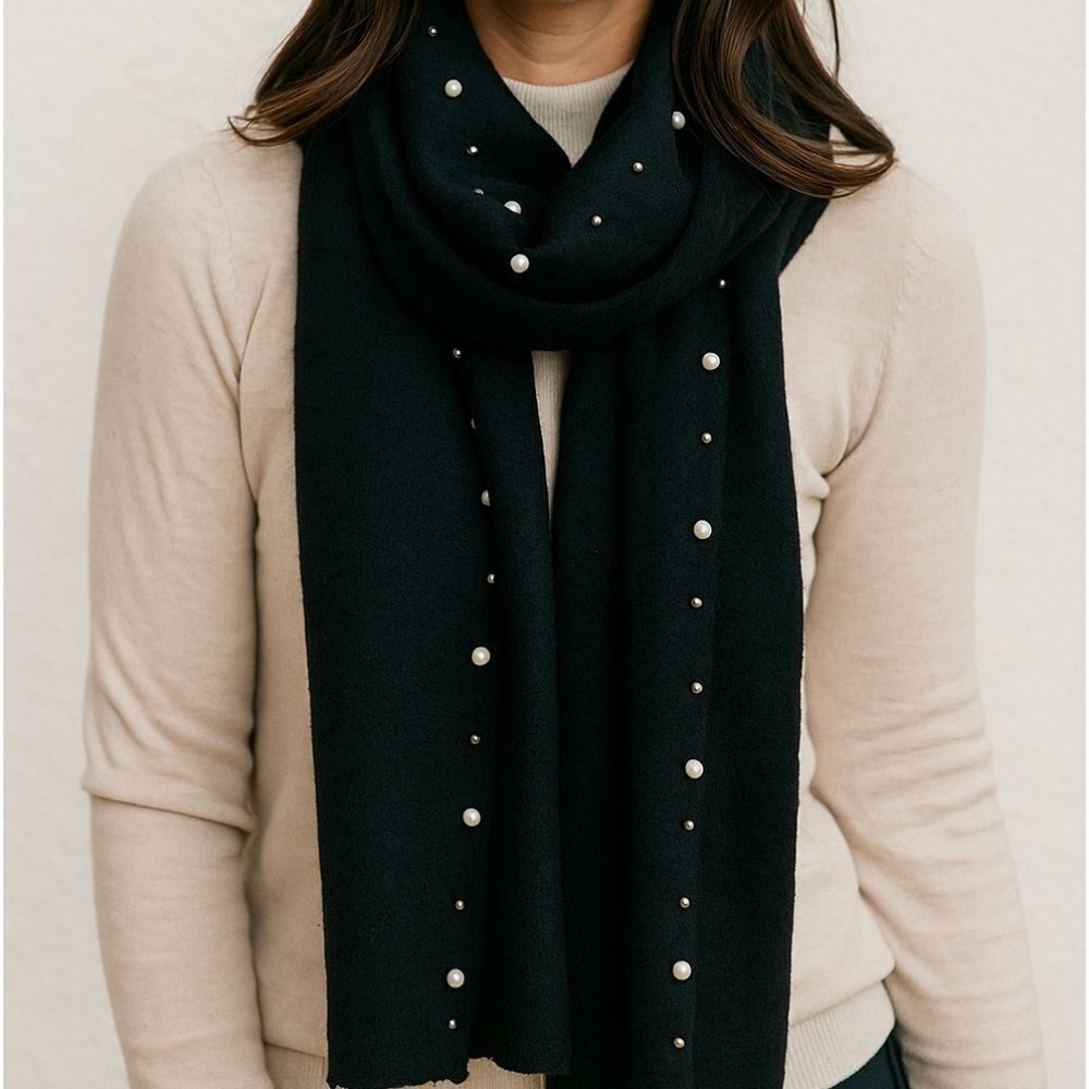 Heavy Woven Black Scarf Bedazzled with Pearls and Silver Studs